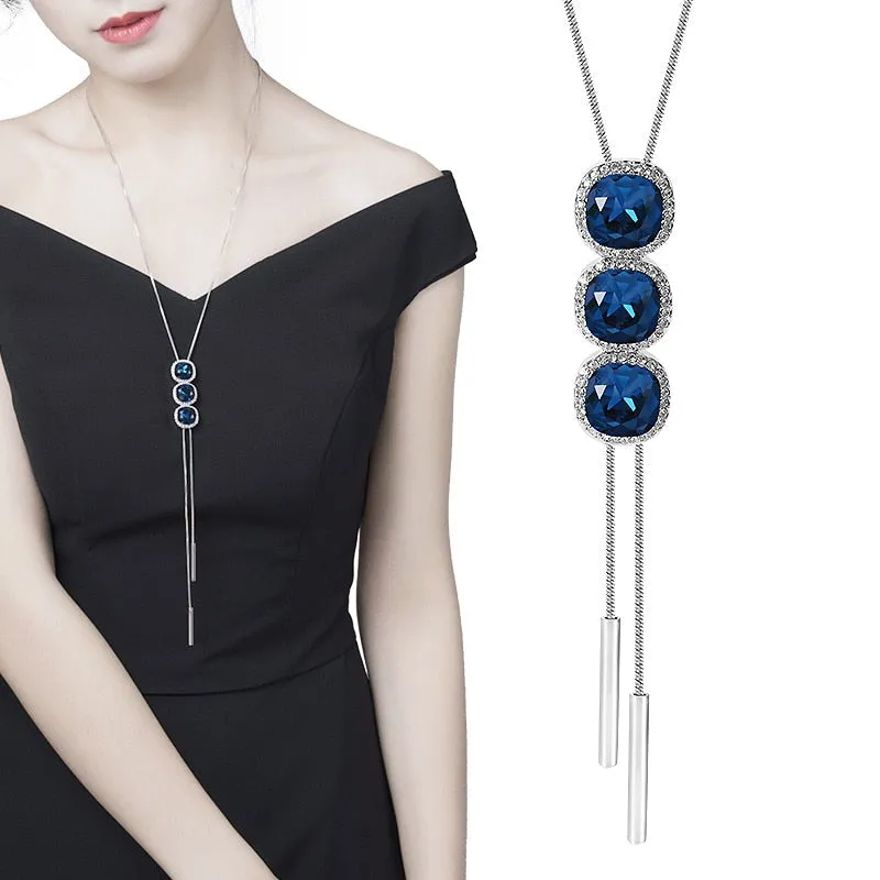 DEANWANGKT Fashion Long Chain Sweater Necklaces & Pendants for Women Blue Opal Rhinestone Flower Pendant Necklace Female Jewelry