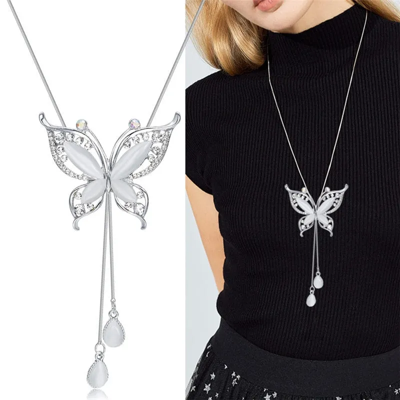 DEANWANGKT Fashion Long Chain Sweater Necklaces & Pendants for Women Blue Opal Rhinestone Flower Pendant Necklace Female Jewelry