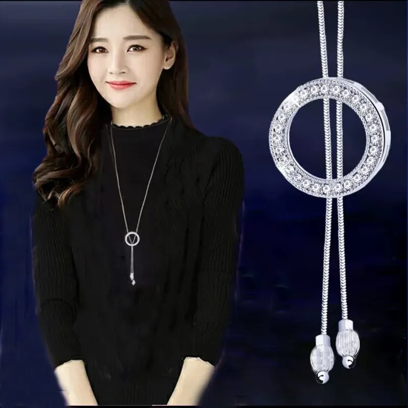 DEANWANGKT Fashion Long Chain Sweater Necklaces & Pendants for Women Blue Opal Rhinestone Flower Pendant Necklace Female Jewelry