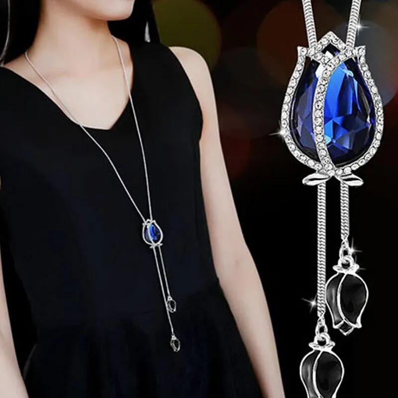 DEANWANGKT Fashion Long Chain Sweater Necklaces & Pendants for Women Blue Opal Rhinestone Flower Pendant Necklace Female Jewelry