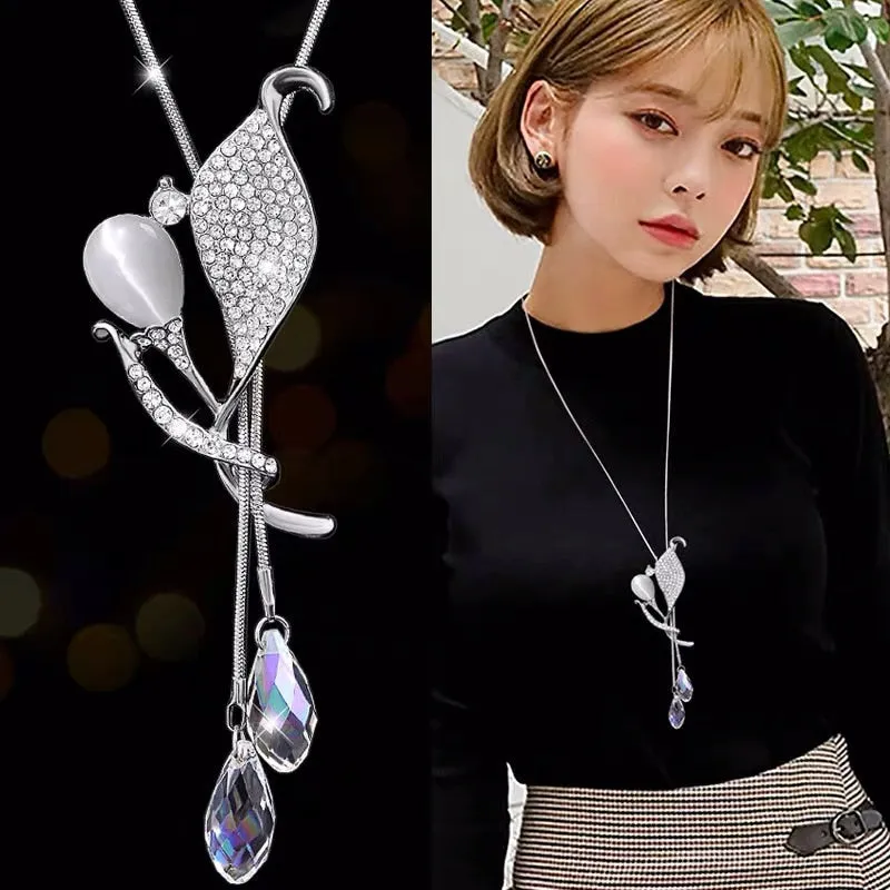 DEANWANGKT Fashion Long Chain Sweater Necklaces & Pendants for Women Blue Opal Rhinestone Flower Pendant Necklace Female Jewelry