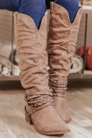 Dixie Slouchy Embellished Boots in Taupe