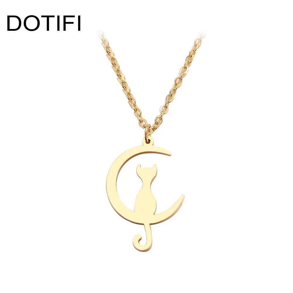 DOTIFI  Stainless Steel Necklace For Women Man Cat Moon Pendant Gold Color Pendant Necklace Engagement Jewelry