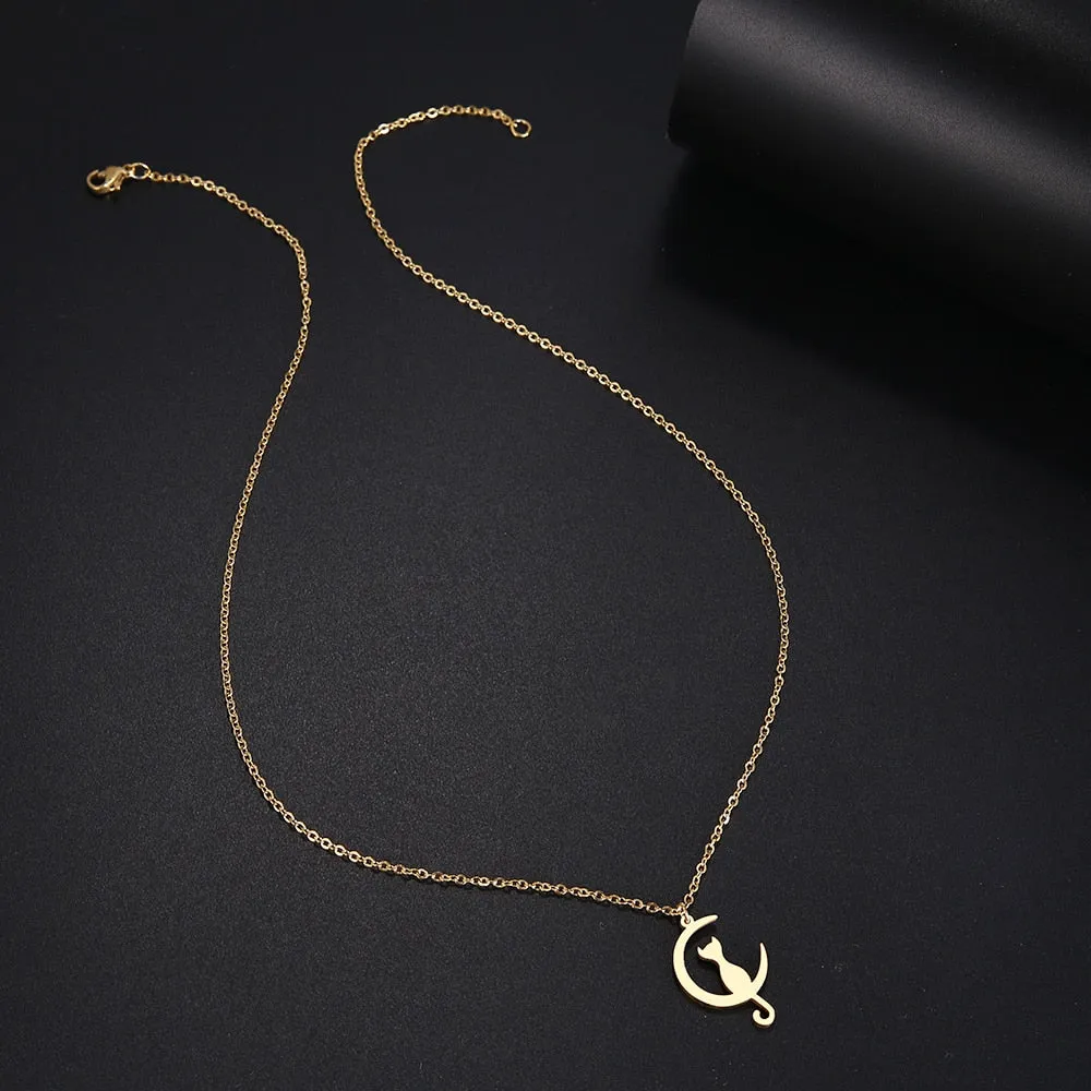 DOTIFI  Stainless Steel Necklace For Women Man Cat Moon Pendant Gold Color Pendant Necklace Engagement Jewelry