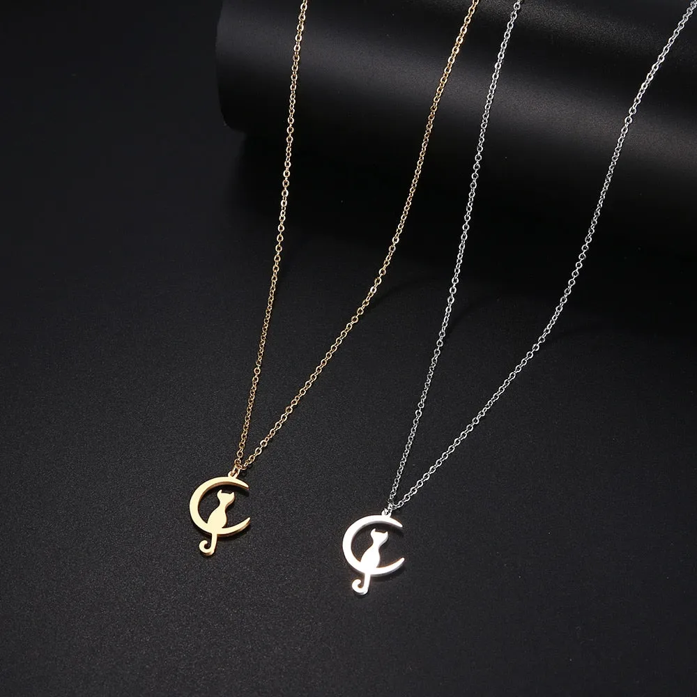 DOTIFI  Stainless Steel Necklace For Women Man Cat Moon Pendant Gold Color Pendant Necklace Engagement Jewelry