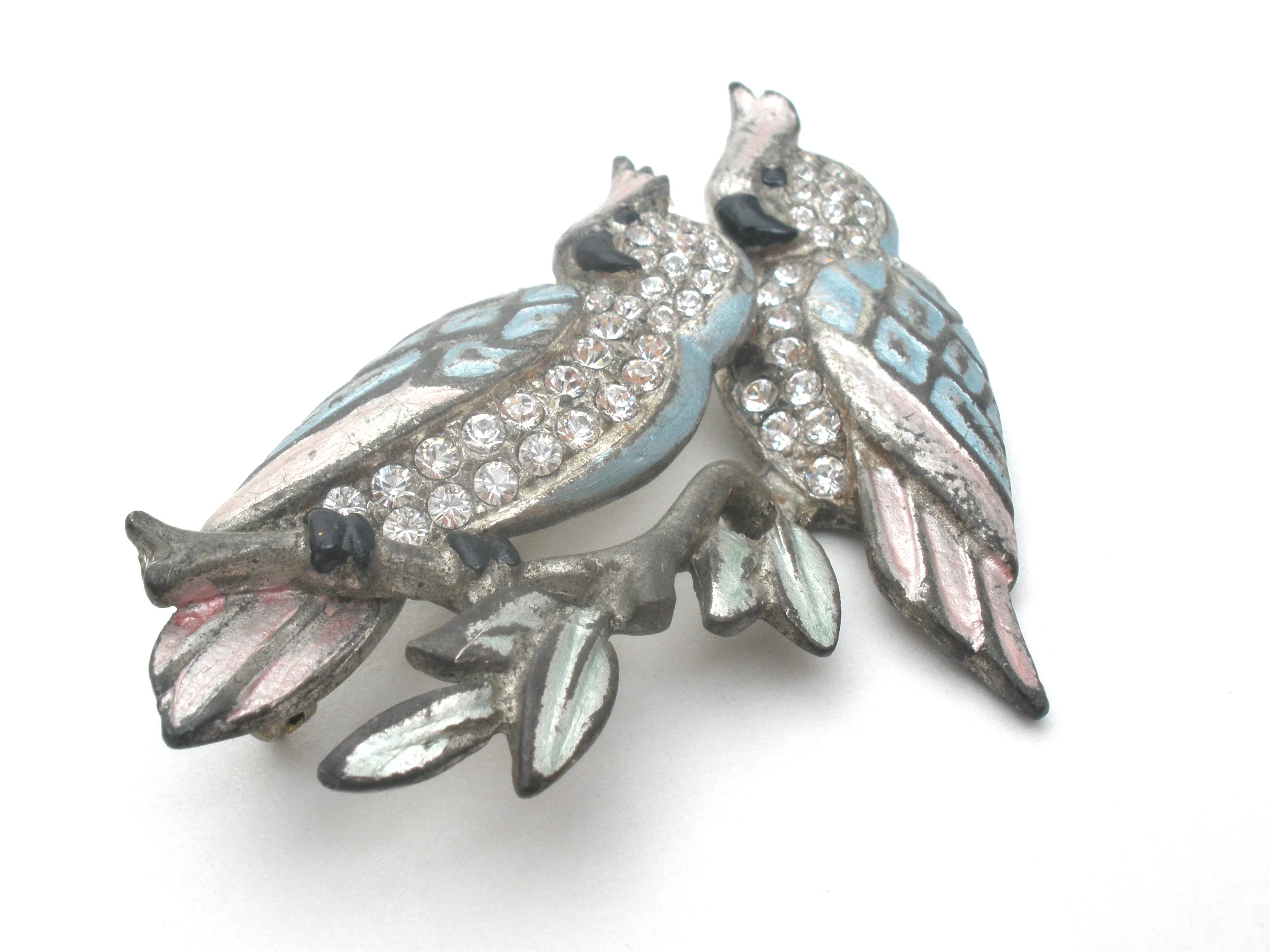 Double Blue Bird Brooch Pin With Paste Rhinestones