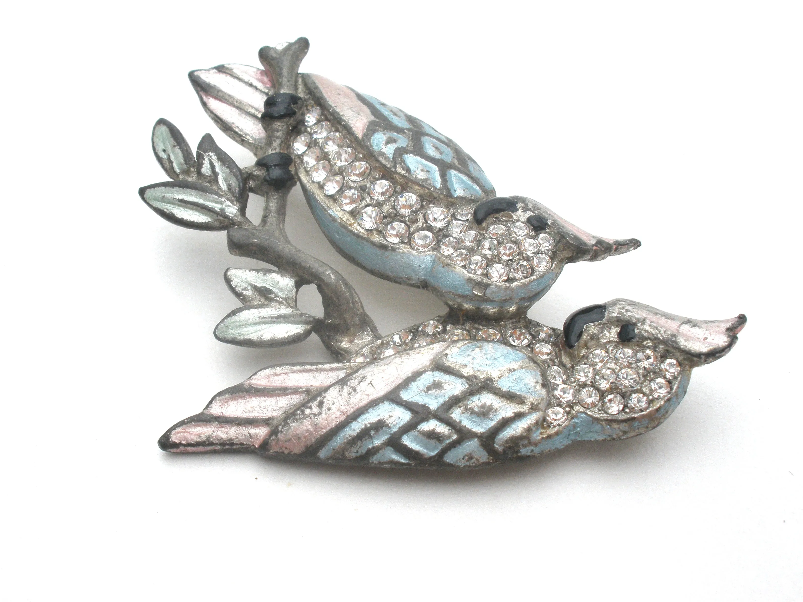 Double Blue Bird Brooch Pin With Paste Rhinestones