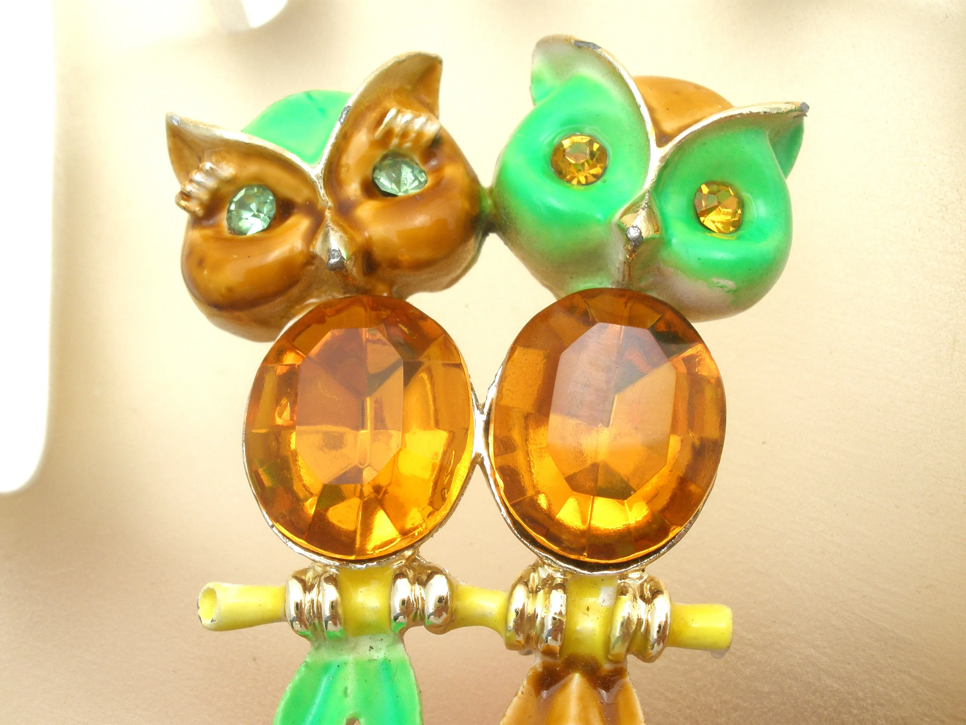 Double Jelly Belly Owl Brooch Enamel Vintage Pin