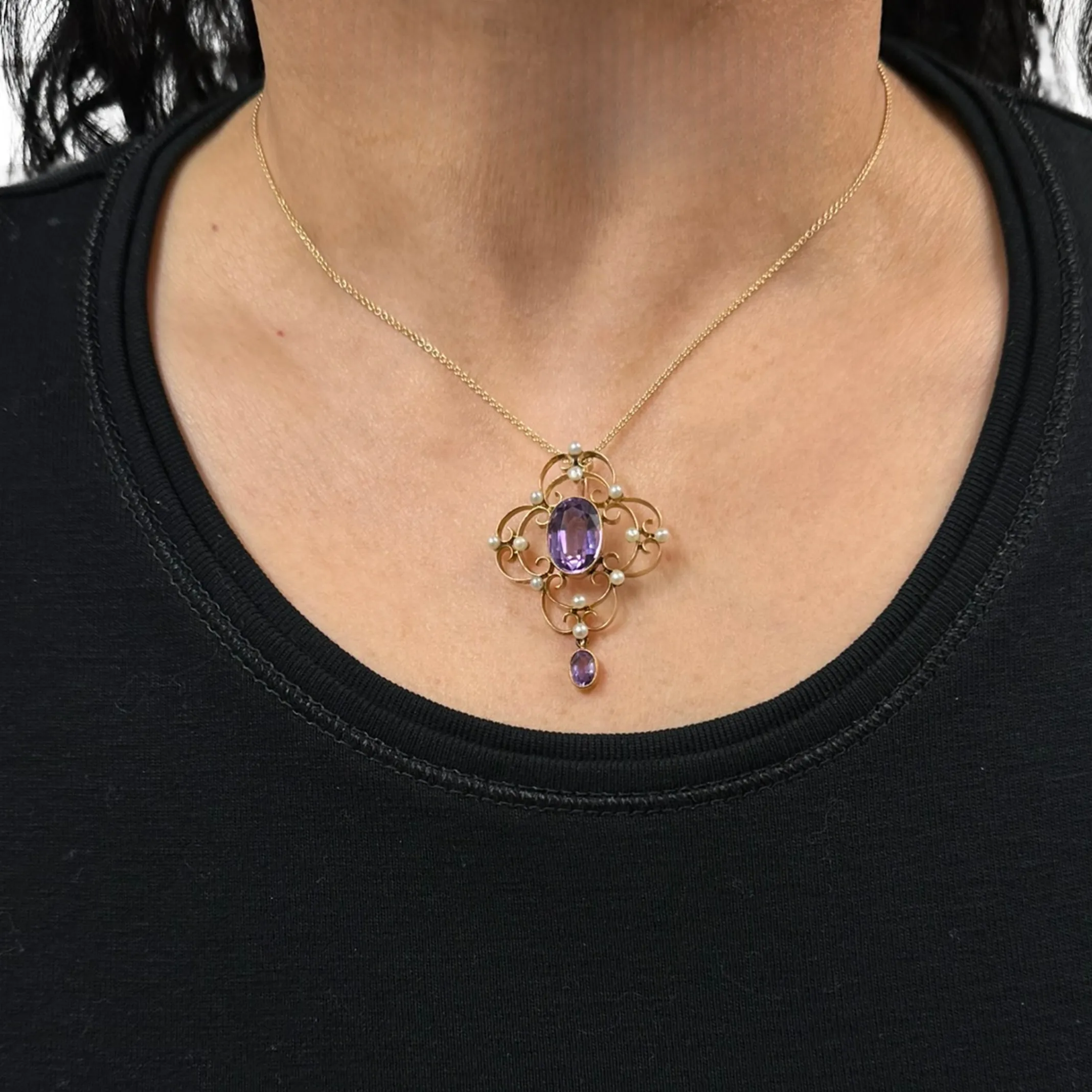 Edwardian English Amethyst and Seed Pearl 15ct Lavallière Pendant