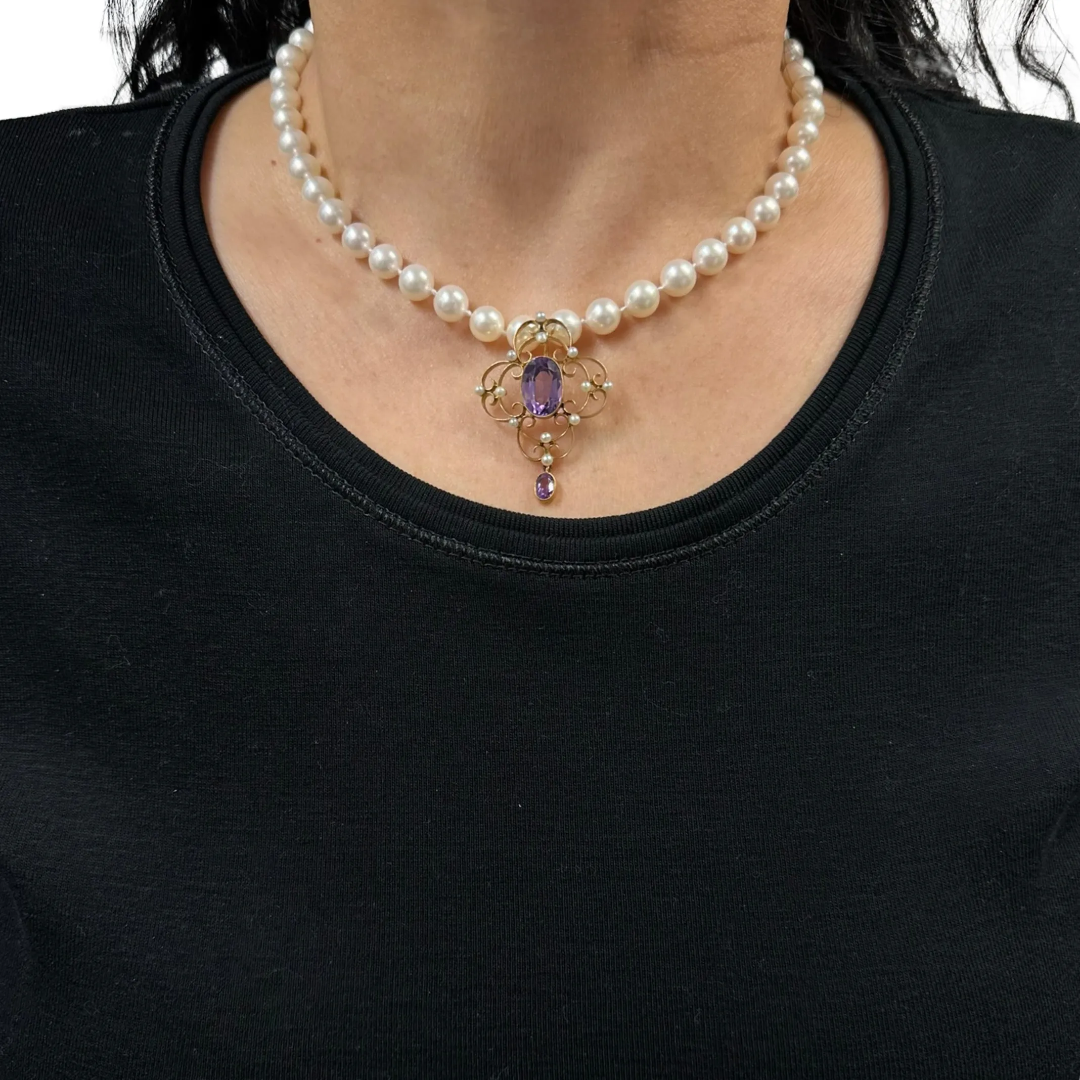 Edwardian English Amethyst and Seed Pearl 15ct Lavallière Pendant