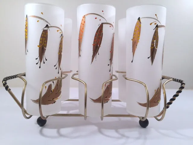 Federal Glass Mid-Century Mod Flower Glasses with Carrier (Set of 6)