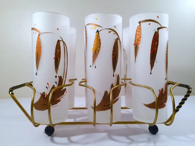 Federal Glass Mid-Century Mod Flower Glasses with Carrier (Set of 6)