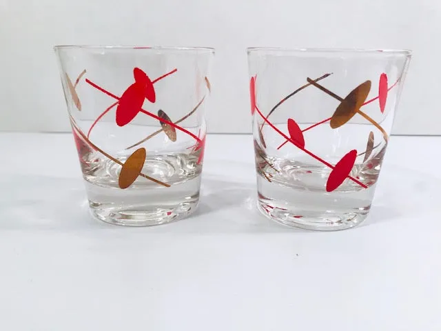 Federal Glass Rhythm Mid-Century Gold and Red Atomic Swirl Old Fashion Glasses (Set of 2)