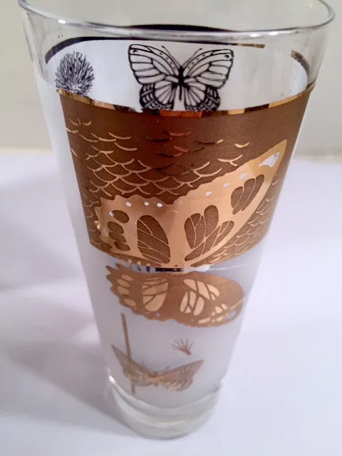 Federal - Mid-Century Frosted 22-Karat Golden Foliage Tall Collins Glasses (Set 6)