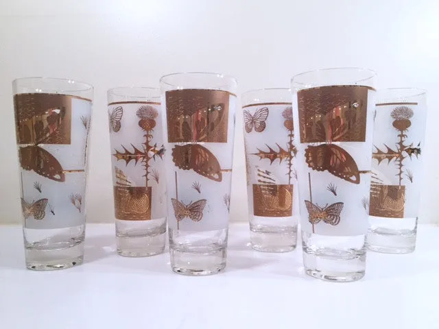 Federal - Mid-Century Frosted 22-Karat Golden Foliage Tall Collins Glasses (Set 6)