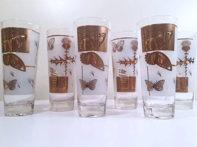 Federal - Mid-Century Frosted 22-Karat Golden Foliage Tall Collins Glasses (Set 6)