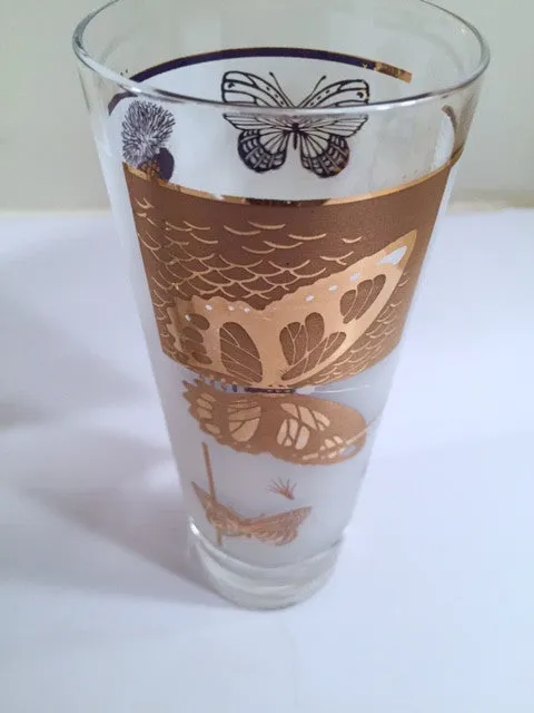 Federal - Mid-Century Frosted 22-Karat Golden Foliage Tall Collins Glasses (Set 6)