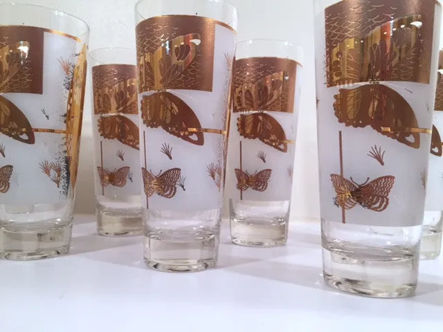 Federal - Mid-Century Frosted 22-Karat Golden Foliage Tall Collins Glasses (Set 8)