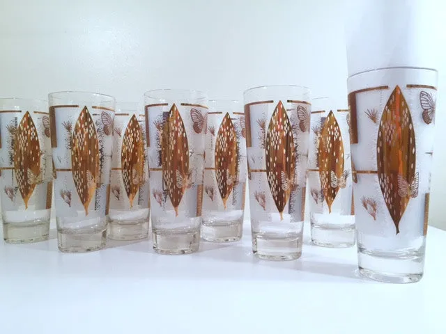 Federal - Mid-Century Frosted 22-Karat Golden Foliage Tall Collins Glasses (Set 8)