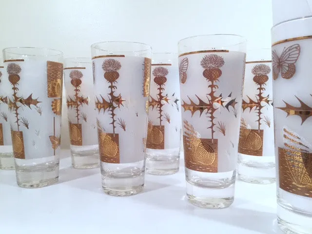 Federal - Mid-Century Frosted 22-Karat Golden Foliage Tall Collins Glasses (Set 8)