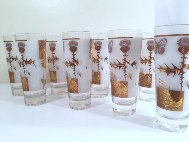 Federal - Mid-Century Frosted 22-Karat Golden Foliage Tall Collins Glasses (Set 8)