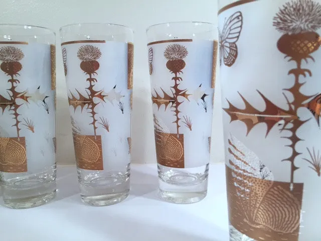 Federal - Mid-Century Frosted 22-Karat Golden Foliage Tall Collins Glasses (Set 8)