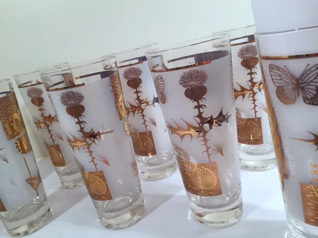 Federal - Mid-Century Frosted 22-Karat Golden Foliage Tall Collins Glasses (Set 8)