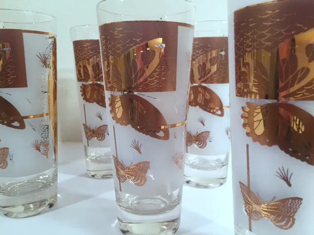 Federal - Mid-Century Frosted 22-Karat Golden Foliage Tall Collins Glasses (Set 8)