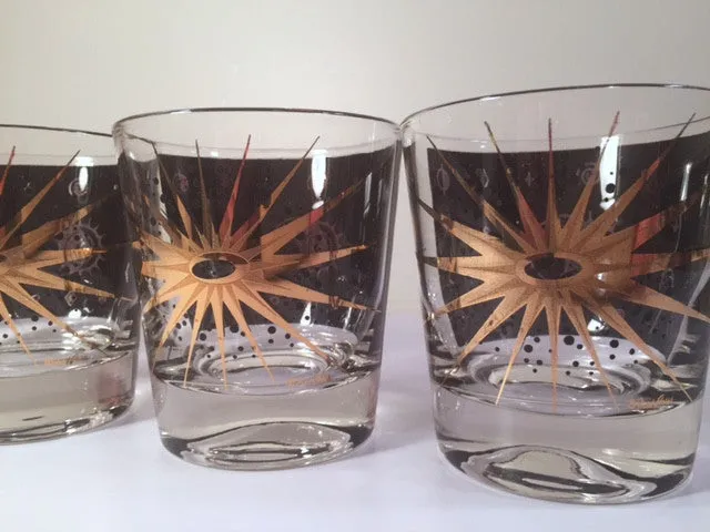 Fred Press - Signed Mid-Century Celestial/Atomic Burst 22-Karat Gold & Black Whiskey Glasses (Set of 4)