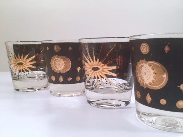 Fred Press - Signed Mid-Century Celestial/Atomic Burst 22-Karat Gold & Black Whiskey Glasses (Set of 4)