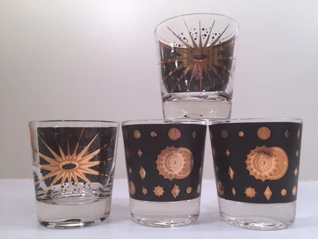 Fred Press - Signed Mid-Century Celestial/Atomic Burst 22-Karat Gold & Black Whiskey Glasses (Set of 4)