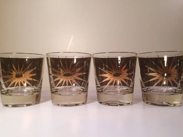 Fred Press - Signed Mid-Century Celestial/Atomic Burst 22-Karat Gold & Black Whiskey Glasses (Set of 4)