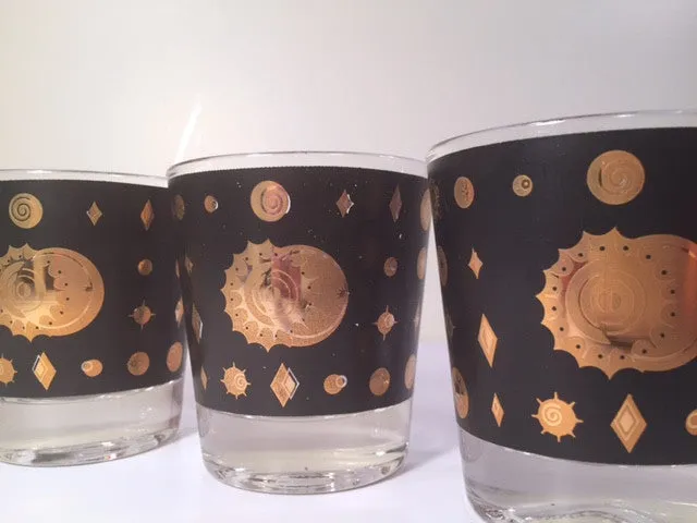 Fred Press - Signed Mid-Century Celestial/Atomic Burst 22-Karat Gold & Black Whiskey Glasses (Set of 4)