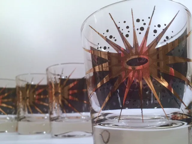 Fred Press - Signed Mid-Century Celestial/Atomic Burst 22-Karat Gold & Black Whiskey Glasses (Set of 4)