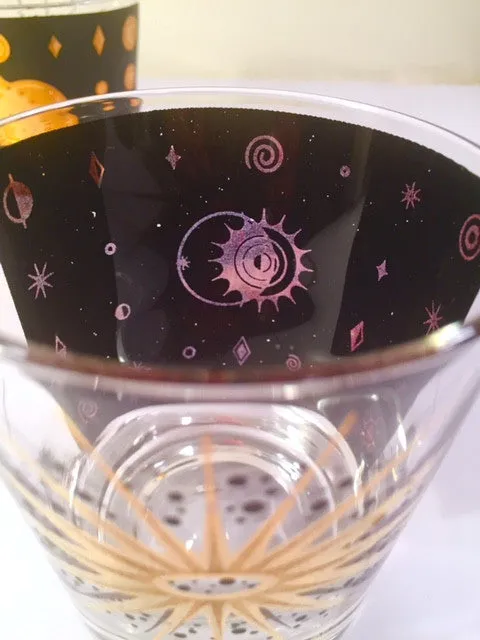 Fred Press - Signed Mid-Century Celestial/Atomic Burst 22-Karat Gold & Black Whiskey Glasses (Set of 4)