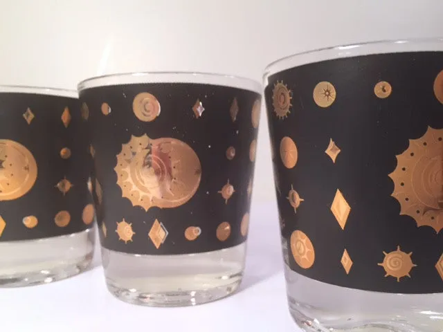 Fred Press - Signed Mid-Century Celestial/Atomic Burst 22-Karat Gold & Black Whiskey Glasses (Set of 4)