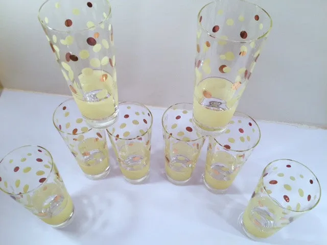 Fred Press Signed Mid-Century Yellow and 22-Karat Gold Polka Dot Tall Collins Glasses (Set of 7)