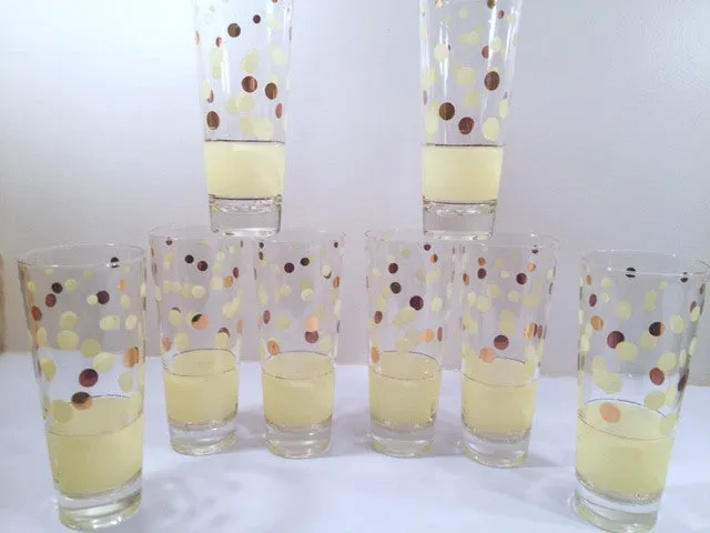 Fred Press Signed Mid-Century Yellow and 22-Karat Gold Polka Dot Tall Collins Glasses (Set of 7)