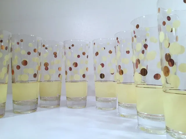 Fred Press Signed Mid-Century Yellow and 22-Karat Gold Polka Dot Tall Collins Glasses (Set of 7)