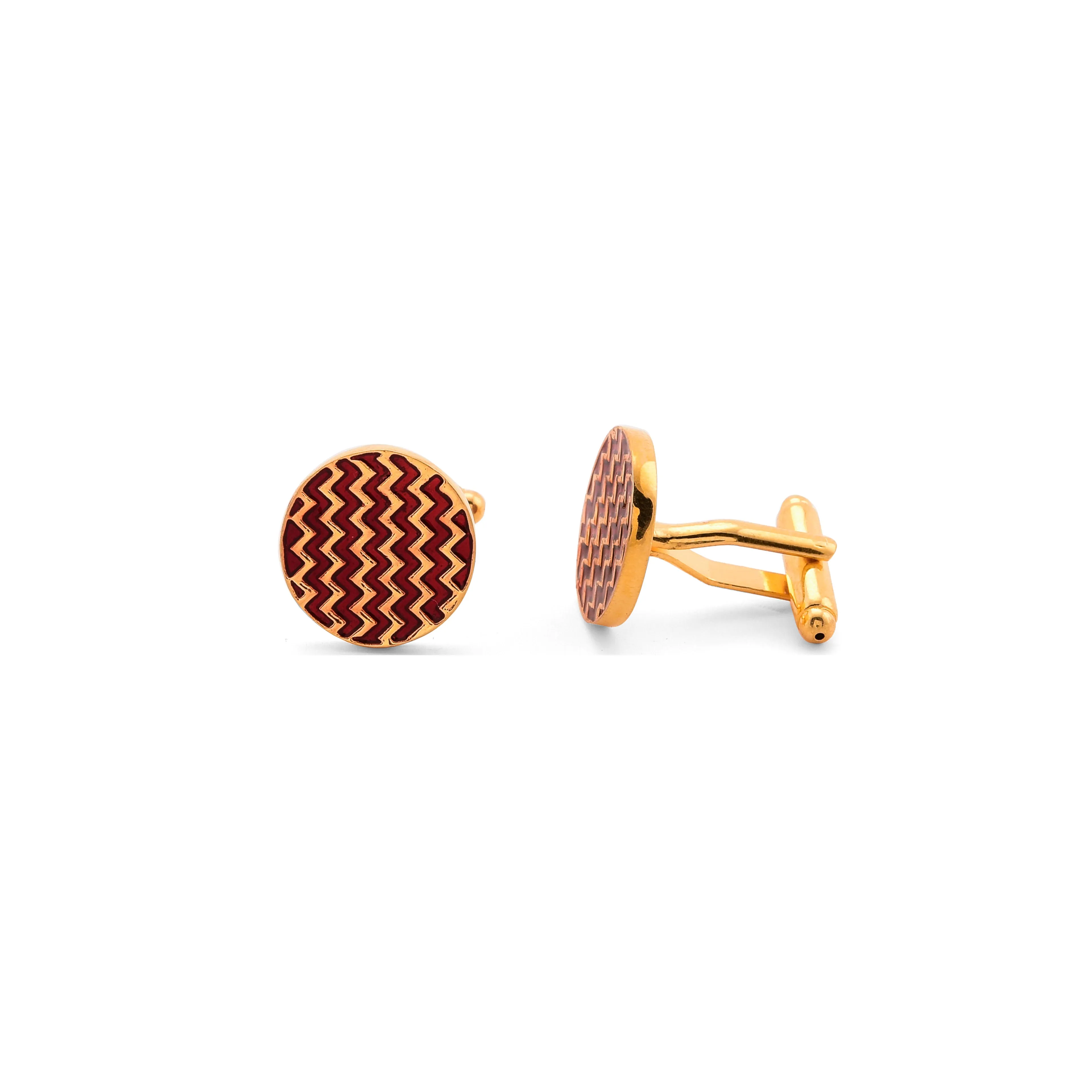 Gold & Enamel Cufflinks - Embossed Chevron - Maroon