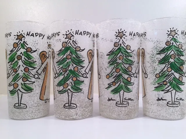 John Sutton - Signed Mid-Century Angel and Christmas Tree Flocked Glasses (Set of 4)