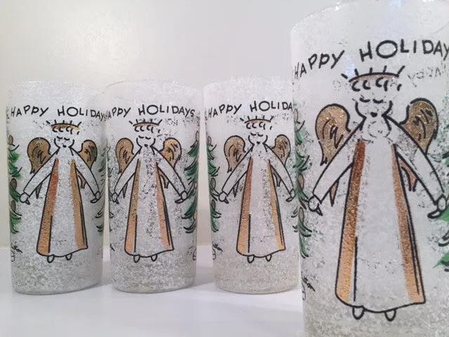 John Sutton - Signed Mid-Century Angel and Christmas Tree Flocked Glasses (Set of 4)