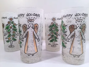 John Sutton - Signed Mid-Century Angel and Christmas Tree Flocked Glasses (Set of 4)