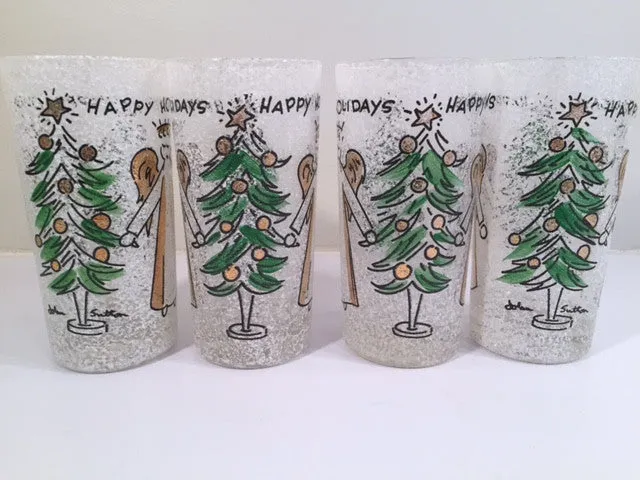 John Sutton - Signed Mid-Century Angel and Christmas Tree Flocked Glasses (Set of 4)