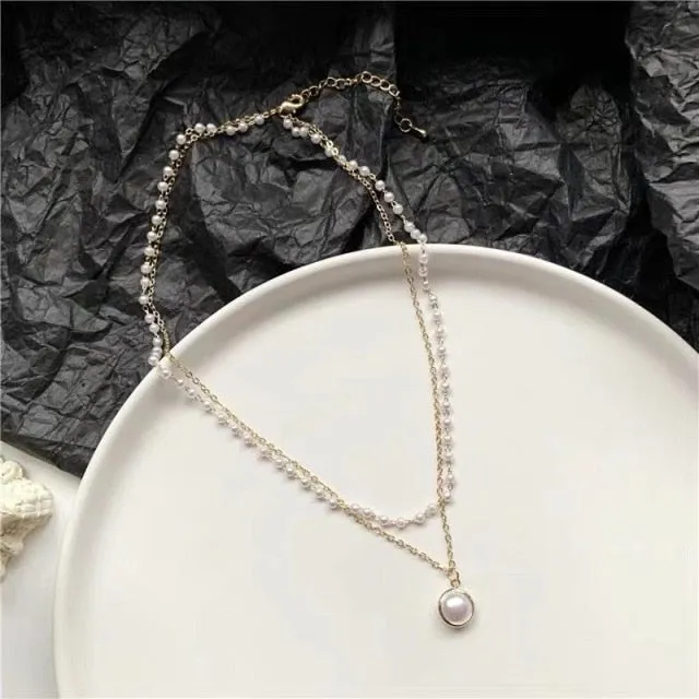 Korean Style Simulation Pearl Asymmetric Choker Multilayer Necklaces For Women Trendy Naive and Romantic Clavicle Chain 2021 New