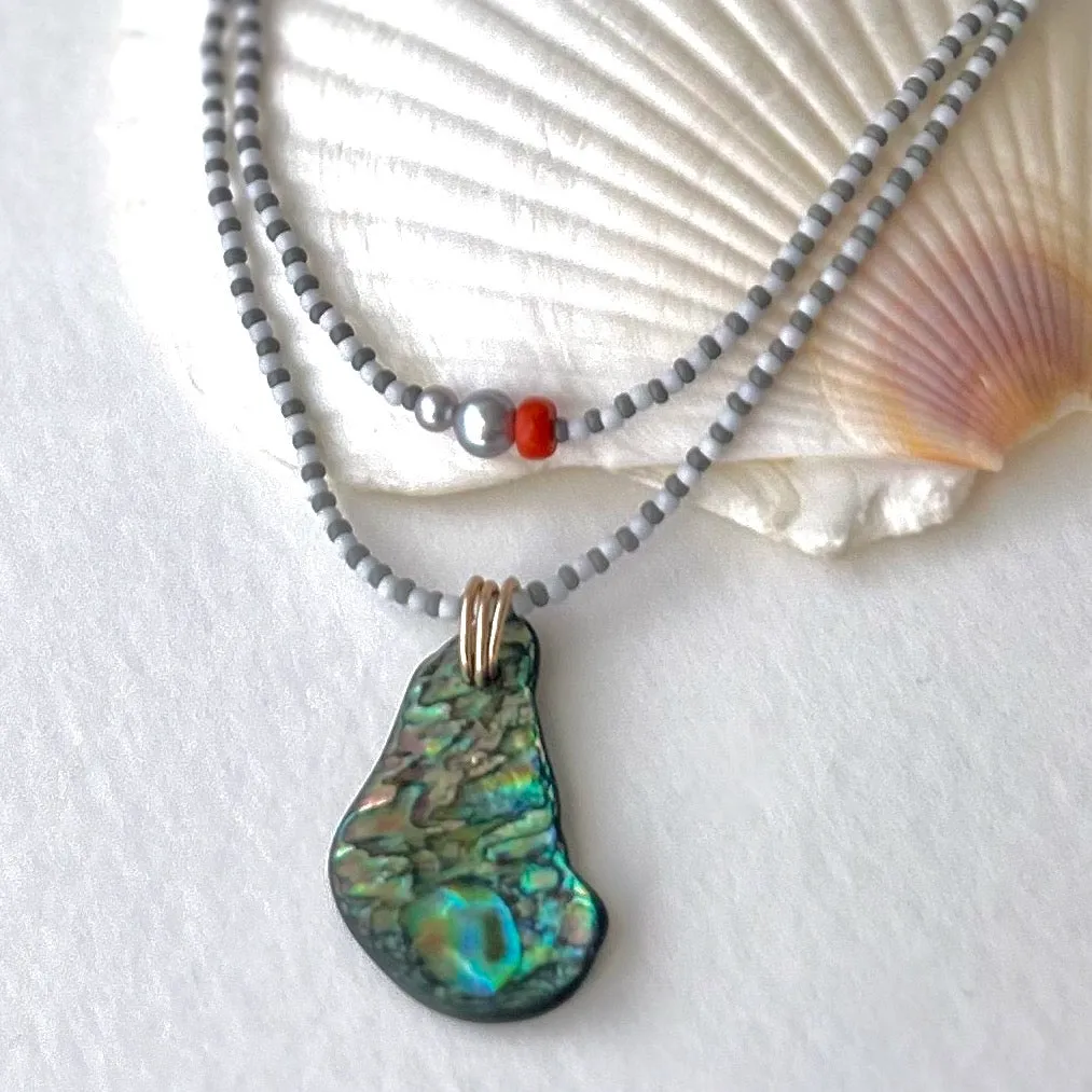 LONG SEED BEAD ABALONE PENDANT NECKLACE WITH FRESHWATER PEARLS