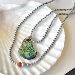 LONG SEED BEAD ABALONE PENDANT NECKLACE WITH FRESHWATER PEARLS