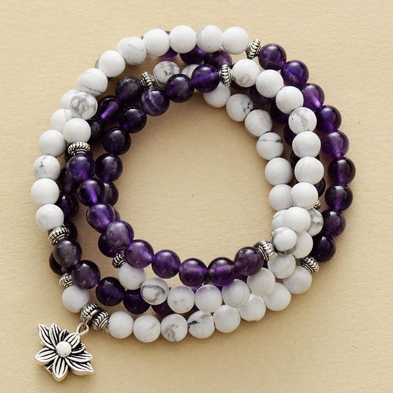 Lotus Amethyst and Howlite 108 Mala Beads Necklace