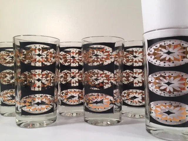 Mid-Century Black and 22-Karat Gold Abstract Glasses (Set of 6)