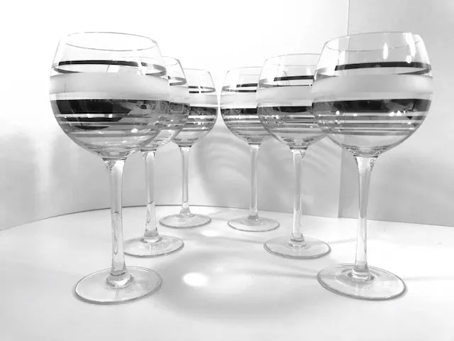 Mid-Century Silver and Frosted Wine Glasses (Set of 6)